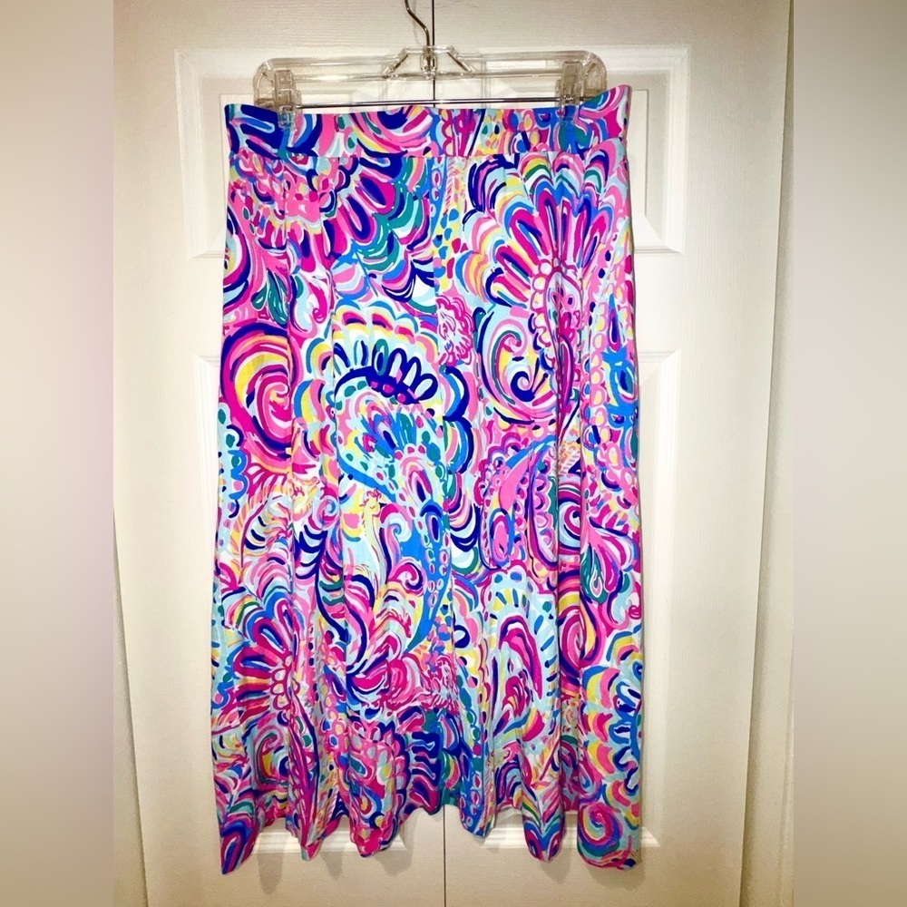 Lilly Pulitzer Shia Midi Skirt Resort Psychadelic Sunshine Coastal Paisley Sz L - Picture 2 of 9